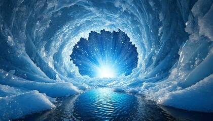 中央から青い光、雪のように細かく砕いた氷と渦巻く水流の背景、視覚的に見やすい背景で幻想的 Generated by AI - obrazy, fototapety, plakaty