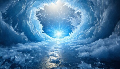 中央から青い光、雪のように細かく砕いた氷と渦巻く水流の背景、視覚的に見やすい背景で幻想的 Generated by AI - obrazy, fototapety, plakaty