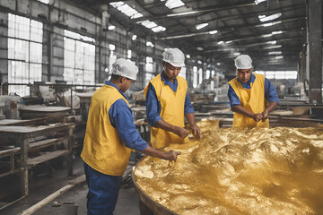 water color workers holding gold inside factory