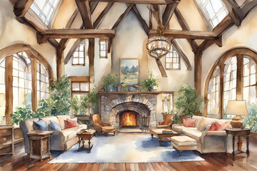 water colorc Grand Room with plants and vaulted ceiling, hearth, and beams of light and a grand fireplace hifi