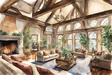 water colorc Grand Room with plants and vaulted ceiling, hearth, and beams of light and a grand fireplace hifi