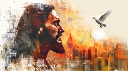 Double exposure art of Jesus Christ, flying dove and cityscape