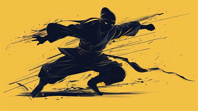 stylish modern ninja in dynamic pose cool 2d illustration with graphic elements