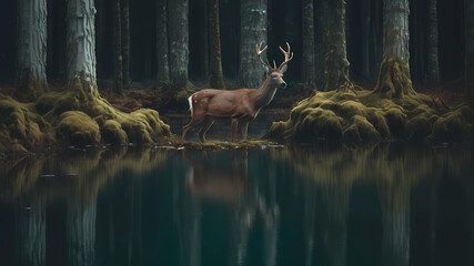 minimal, cinematic, a deer among the trees, forest lake, moss, cold weather, dark teal and amber, Sony A7 IV