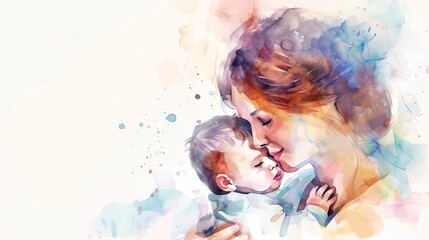Fototapeta premium tender mother and baby hugging watercolor style digital painting on white background motherhood love concept illustration