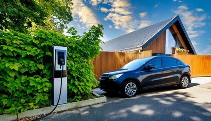 Generic electric vehicle EV hybrid car is being charged from a wallbox on a contemporary modern...