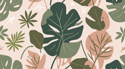Whispers of Nature - Minimalist Illustrations Featuring Green Leaves. Seamless Patterns. Vector EPS 10.