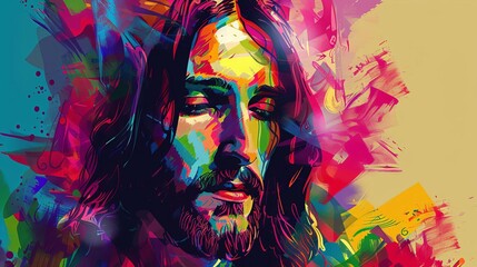 vibrant abstract portrait of jesus christ with colorful digital brushstrokes vector illustration