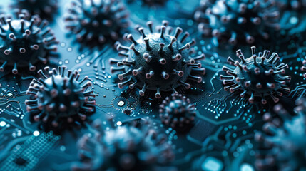 Digital illustration of blue virus particles on a circuit board, symbolizing cybersecurity threats.