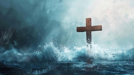 wooden cross standing in the sea with crashing waves symbol of faith and perseverance digital painting