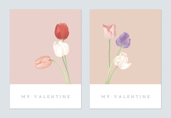 Valentine day greeting card, minimalist colorful tulip flowers © momosama