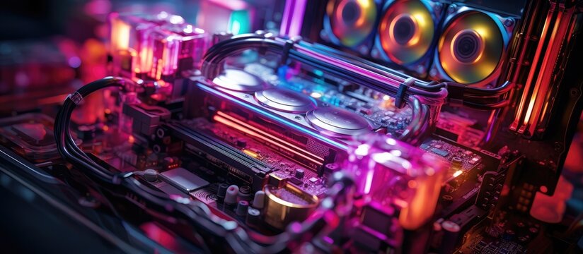 close up of gaming PC components with RGB LED lights on the computer