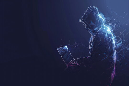 polygonal hacker with laptop, Cyber attack, Computer hacking concept, criminal