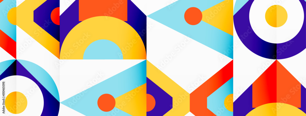 Poster a vibrant geometric pattern featuring circles and triangles in various tints and shades, creating a 