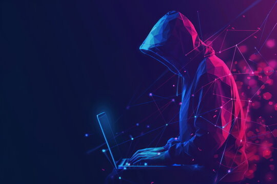 polygonal hacker with laptop, Cyber attack, Computer hacking concept, criminal