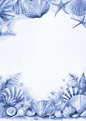 Beach style blue and white seashell frame for invitation, poster, stationary, mobile wallpaper. Cockleshells, other clamshells, scallop and sea stars starfish summer background border  template.
