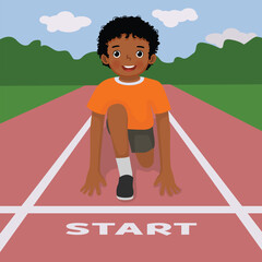 Cute little African boy ready to run on starting position at race track
