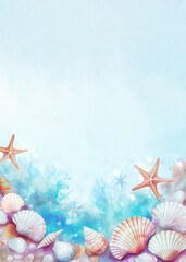Painted seashells blue background mobile frame, poster, background, wallpaper border with cockle shells, other clams, scallops, starfish, conch shells summer beach background template