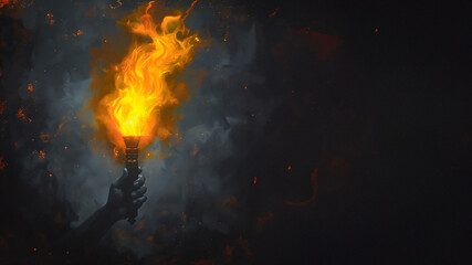 Flame burns in Olympic torch against blurred sports background black