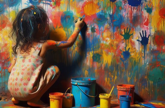 Garotinha pintando uma parede com tinta colorida