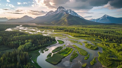 Majestic River Meanderings: Aerial View of a Wild River with Mountains in the Background