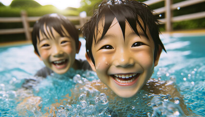 プールで遊ぶ小学生の子供たち