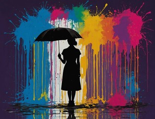 Black silhouette of woman holding umbrella with vibrant colors splattered in the background and paint colors raining down