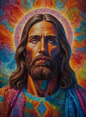 Jesus the Messiah with long hair wearing vibrant multi-colored clothing with a halo around his head and a colorful background