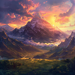 fantasy landscape, sun setting behind mountain peak, in the style of fantasy artwork, fantasy landscape, sun setting behind mountain peak, fantasy art, fantasy concept painting