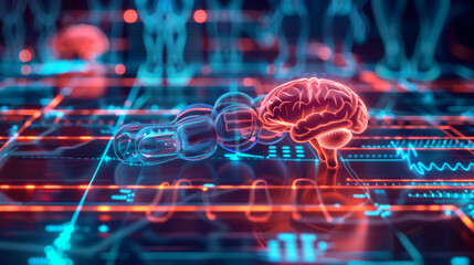 A brain is shown in a computer generated image with a red outline