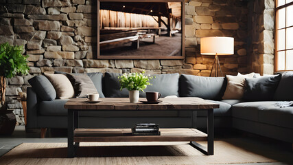 Old weathered barn wood coffee table near sofa against stone wall with big art poster. Loft interior design of modern living room