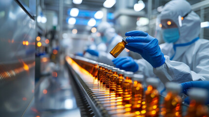 Pharmaceutical workers in protective suits inspect medicine bottles on a modern production line.