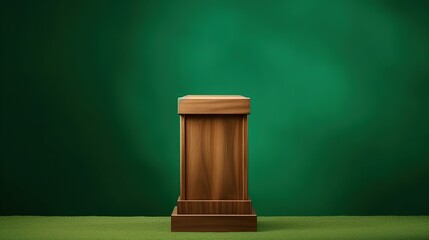 wooden podium on green background, dark style