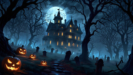 Pumpkins In Graveyard In The Spooky Night, Halloween Background