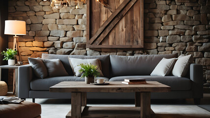 Old weathered barn wood coffee table near sofa against stone wall with big art poster. Loft interior design of modern living room