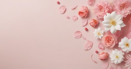 Naklejka premium A delicate arrangement of flowers and green foliage set against a soft background (7)