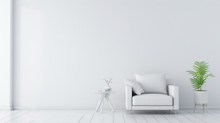 Minimal style Modern white living room with blank white wall. Generative Ai