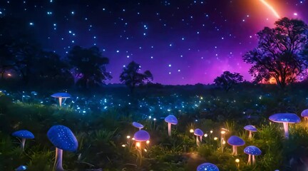 a fantasy glowing alien fungal landscape at night swarm of fireflies glowing blue green purple 