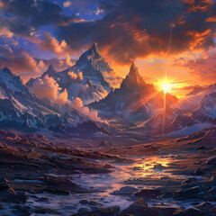
fantasy landscape, mountains in the distance, sun setting behind the mountain, fantasy art style, vibrant colors, fantasy world, fantasy scenery, fantasy background, fantasy illustration, fantasy art