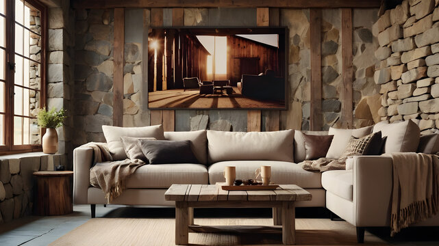 Old weathered barn wood coffee table near sofa against stone wall with big art poster. Loft interior design of modern living room