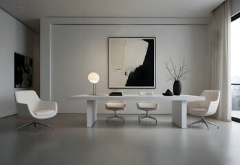 Minimalist design studio interior with stark white furniture and abstract art, generative AI