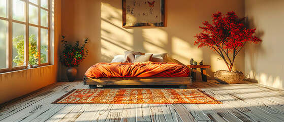Modern Bedroom with Elegant Bedding and Wooden Wall Art, Cozy and Stylish Interior Design