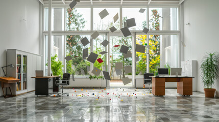 A large open office space with a lot of white walls and a lot of windows