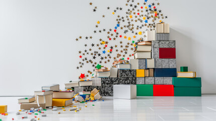 Obraz premium A pile of books and blocks with a starburst pattern on the wall
