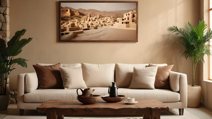 Rustic coffee table near beige sofa against stucco wall with stone decorative poster. Japandi interior design of modern living room
