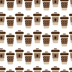 Disposable cups with lid, patterned holder Seamless pattern in trendy soft coffee shades Background