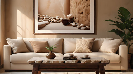 Rustic coffee table near beige sofa against stucco wall with stone decorative poster. Japandi interior design of modern living room