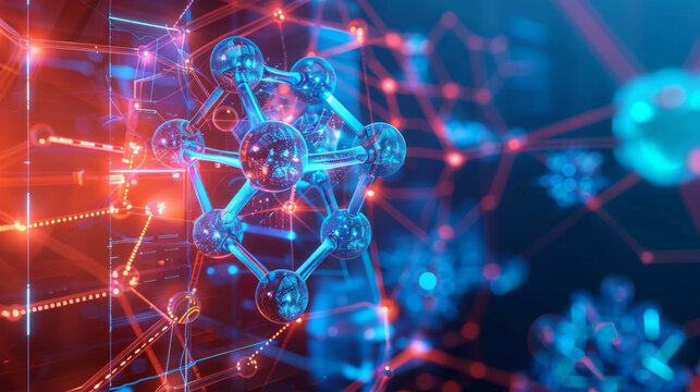 A colorful image of a molecule with a blue and red background