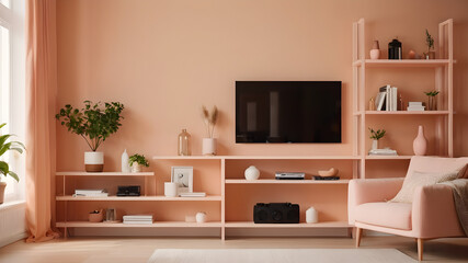Scandinavian interior design of modern living room, home with shelf in peach wall
