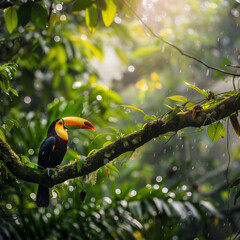 Toucan in Rainforest with Sunlight and Raindrops